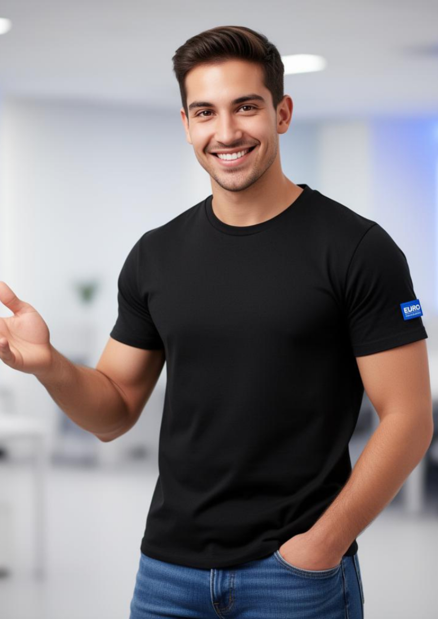 Camiseta preta com logo bordado na manga confeccionada pela S&S Uniformes